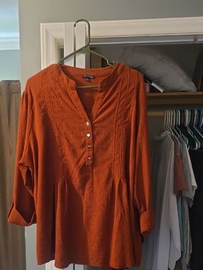 Ava & Grace Crinkled Button-Placket Tunic - Orange